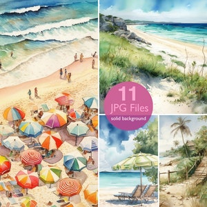 May include: A digital illustration of 11 watercolour paintings of beach scenes. The paintings feature a variety of beach scenes, including a beach with umbrellas, a beach with a cliff, and a beach with a palm tree. The paintings are all in a watercolour style and have a soft, dreamy feel.
