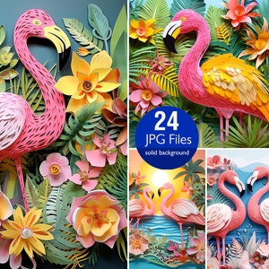Escenas de flamencos 3D, flores de papel JPG, diseño de sublimación tropical, invitación de boda floral, flor de naranja, diario basura