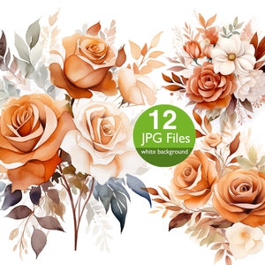 Clipart floral de terracota, clipart de aquarela de buquê de flores JPG, flores laranja para convite de casamento, planejador, diário de lixo adesivo