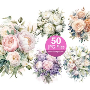 Clipart de buquê de casamento, buquê de casamento JPG Boho, clipart de flores em aquarela, convite de casamento floral, adesivo de planejador, diário de lixo eletrônico