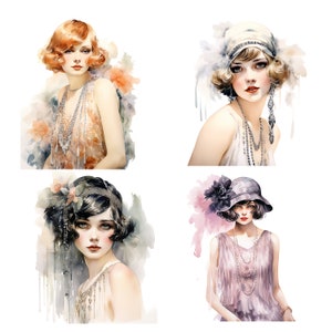 Flapper Mädchen Clip Art, JPG Flapper Mädchen 1920er Jahre Aquarell Clipart, Art Deco, Retro, Planer Aufkleber, Junk Journal Bild 2