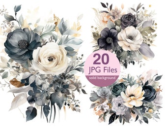 Watercolor Black Rose Clipart: Floral Wedding Invitation Graphics (JPG Digital Download)