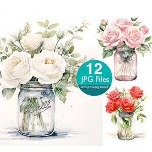 Rosen im Glas Clip Art, JPG Vase mit Blumen Aquarell Clipart, florale Hochzeitseinladung, Planer, Aufkleber Junk Journal