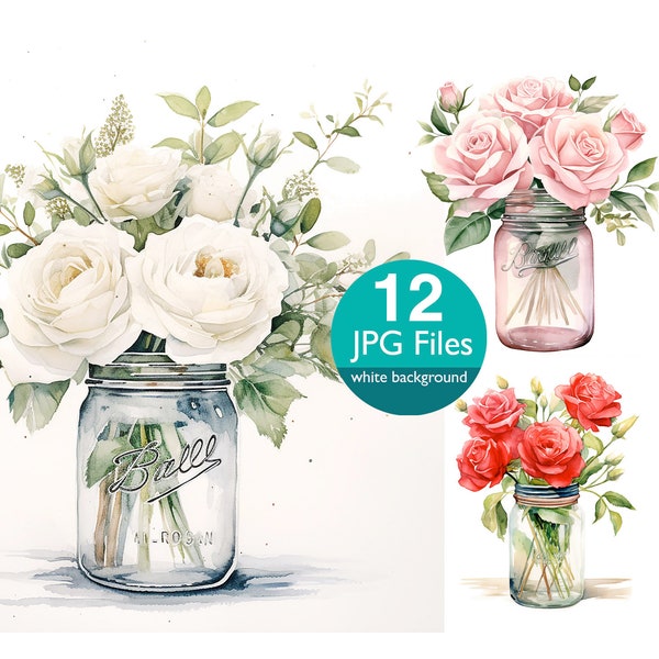 Roses in Jar clip art, JPG vase of flowers watercolor clipart, floral wedding invitation, planner, sticker junk journal