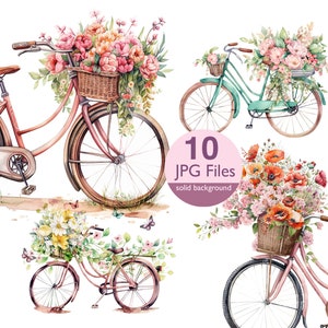 Rower z kwiatami clipart, JPG vintage rower akwarela clipart, reto bicicles zaproszenie ślubne, planer, dziennik naklejek śmieciowych
