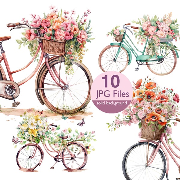 Bike with Flowers clip art, JPG vintage bike  watercolor clipart, reto bycicles wedding invitation, planner, sticker junk journal