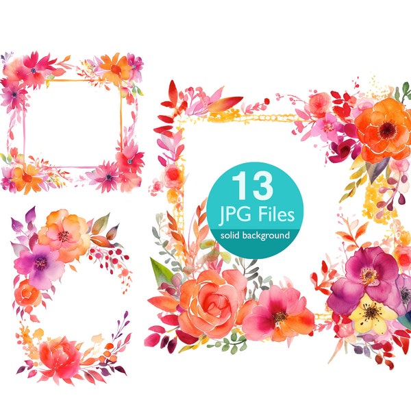 Orange and Pink Floral frames clip art, JPG square and circle flower frame wedding invitations, planner, sticker junk journal scrapbooking