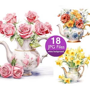 May include: Three watercolor illustrations of floral arrangements in teapots. The first teapot has pink roses, the second has yellow daffodils, and the third has red poppies and yellow flowers. All three teapots have a white background.