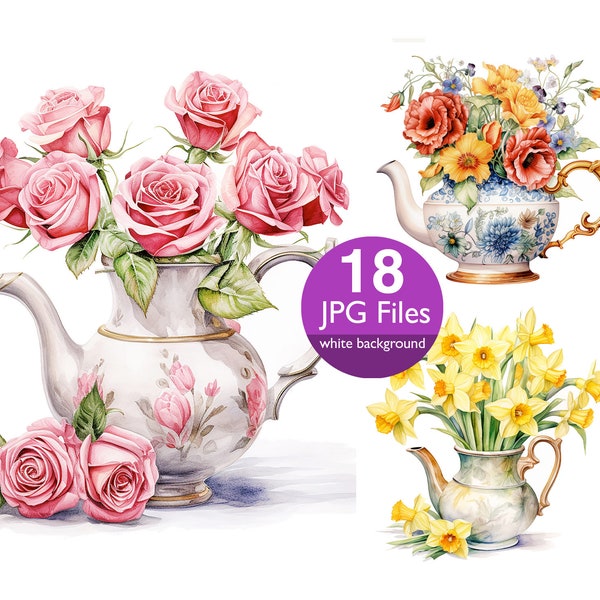 Flowers teapot clip art, JPG floral bouquet Rose clipart, flowers for sticker junk journal