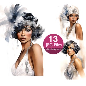 Clipart fille glamour afro-américaine, filles JPG flapper, femmes noires à la mode des années 1920, clipart, rétro, journal indésirable