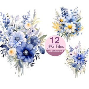 Blue Wildflower clip art, JPG blue rose flowers watercolor clipart, floral wedding invitation, planner, junk journal