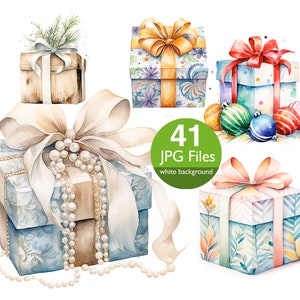 Watercolor Gift Box Clipart: Christmas Presents, Scrapbook (41 JPG Files)
