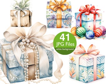 Gift box clip art, JPG watercolor gift boxes clipart, Christmas present, invitation, planner sticker, junk journal Scrapbook