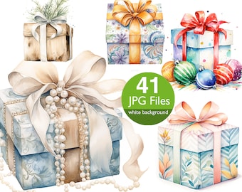 May include: A set of four watercolor illustrations of gift boxes with different designs and colors. The boxes are decorated with ribbons, bows, and pearls. The illustrations are on a white background.