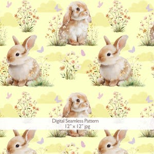 May include: A digital seamless pattern featuring watercolor illustrations of rabbits, flowers, and butterflies on a yellow background. The pattern includes the text "Digital Seamless Pattern 12" x 12" jpg."