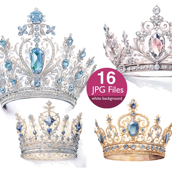 Royal Crown clip art, JPG watercolor, vintage crowns clipart, Queen's tiara, Commercial use, Digital art