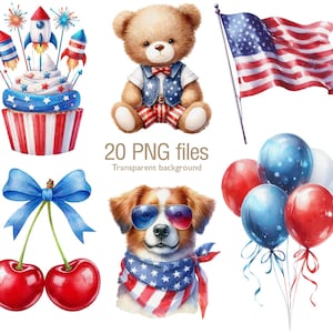 4.Juli Clipart, Buntstifte und Glitter Aquarell Grafiken, Unabhängigkeitstag der USA, Amerikanische Flagge, Cupcakes, Schleifen, Junk Journal