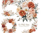Terracotta Watercolor Flower Clipart: PNG Orange Floral Bouquets, Junk journal, card making