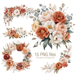 Puede incluir: Arreglos florales en acuarela en tonos óxido, melocotón y crema, incluyendo ramos, diseños de esquina y una corona. La imagen incluye el texto "15 archivos PNG Fondo transparente."