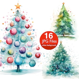 May include: A set of 16 watercolour Christmas tree illustrations with white backgrounds. The trees are decorated with colourful ornaments and snowflakes. The text "16 JPG Files" is written in red on a white circle.