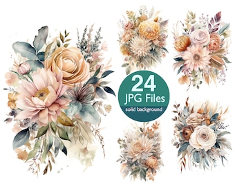 Boho Watercolor Flower Clipart: Wedding Invitation Graphics (JPG)