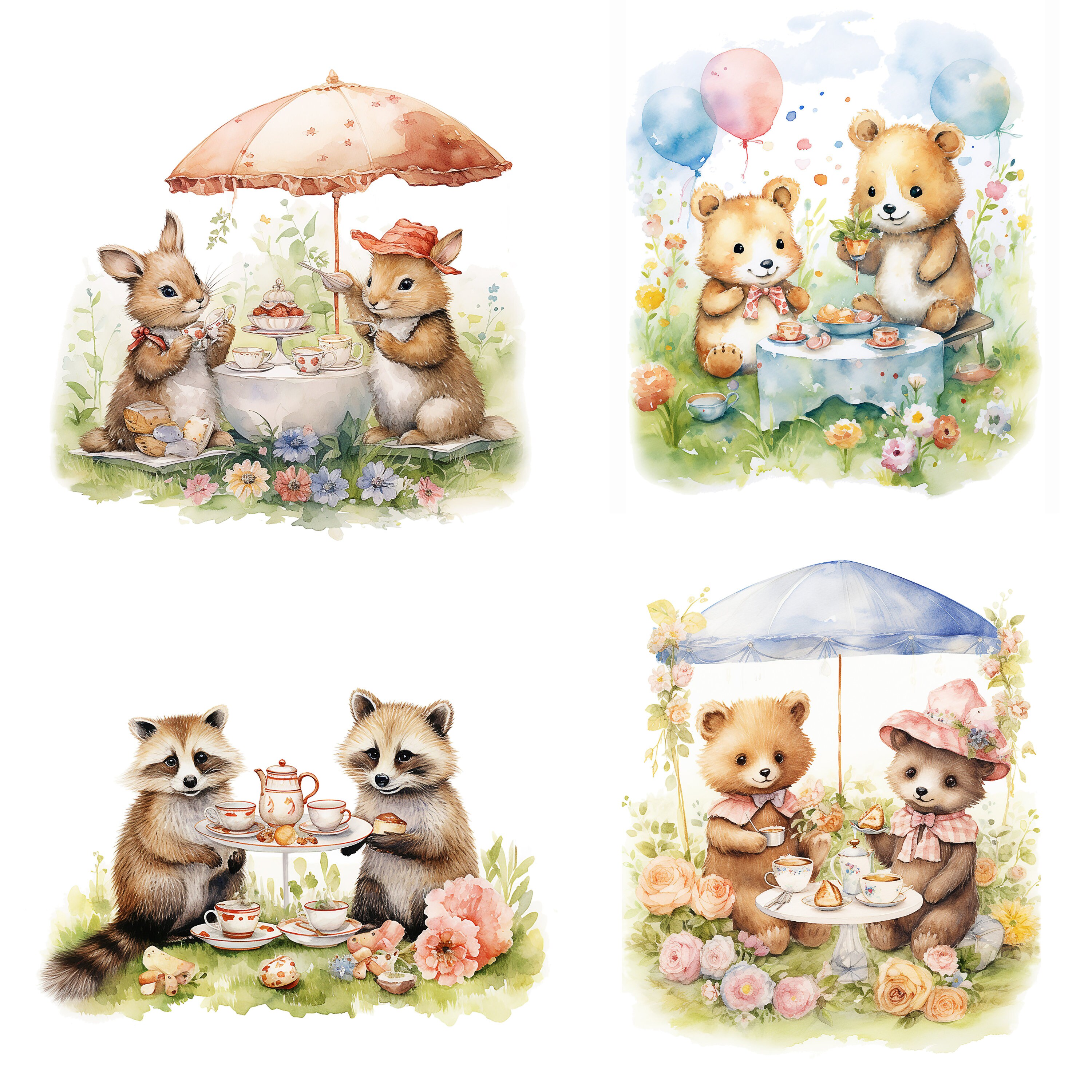 Tea Party Clip Art JPG Watercolor Clipart Cute Animals - Etsy