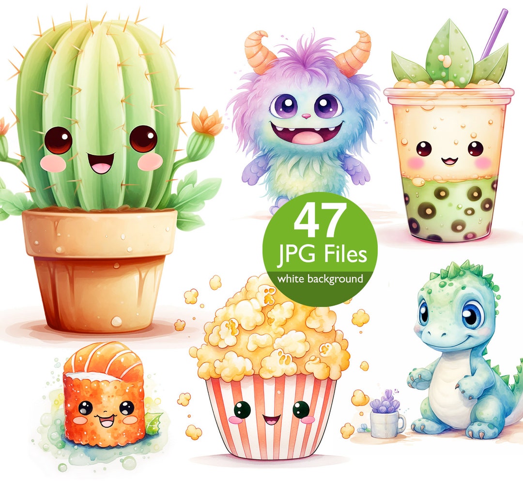 Kawaii Clip Art, JPG Watercolor Cute Clipart, Junk Journal, Scrapbook