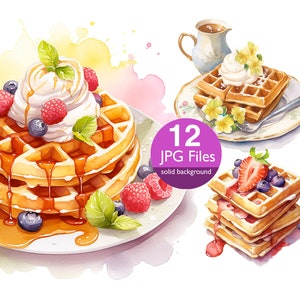 Waffle clip art, JPG Breakfast, waffles watercolor clipart, Commercial use, Digital planner stickers, junk journal