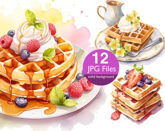 Watercolor Waffle Clipart: Breakfast Food Illustrations (12 JPG Files)