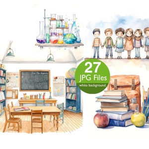 Clipart aquarel school: terug naar school illustraties (27 jpg-bestanden)