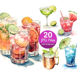 Prediseñadas de bebidas de cóctel, imágenes prediseñadas de acuarela JPG, verano, mojito, margarita, descarga digital, uso comercial, diario basura