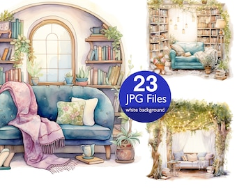 May include: Watercolor illustration of three cozy reading nooks. The first nook features a blue sofa with a pink throw blanket, a window, and bookshelves. The second nook is a corner with a blue sofa, bookshelves, and a lamp. The third nook is an outdoor space with a white canopy, a couch, and string lights. The text "23 JPG Files white background" is included in the image.