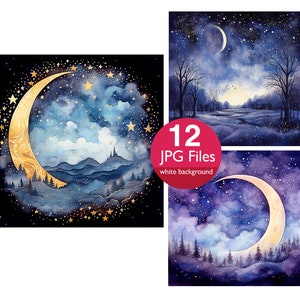 Middernachthemel illustraties, JPG planner, maanlicht, maan en sterren junk journal, scrapbooking, digitaal papier