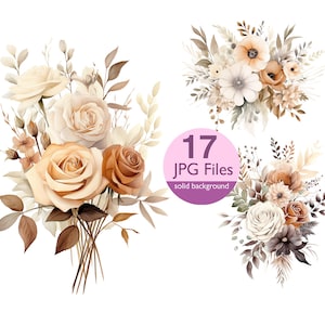 Neutrale kleuren bloemenillustraties, JPG Aardetinten bloemboeket aquarel clipart, bloemenplanner, junk journal
