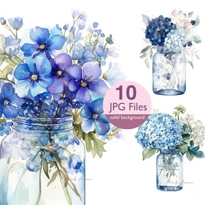 Blue Flowers Watercolor Clipart: Floral Wedding Invitation (JPG Files)