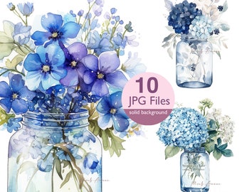 Blue Flowers in vase clip art, JPG vase of flowers watercolor clipart, floral wedding invitation, planner, sticker junk journal