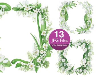 Può includere: Un set di 13 ghirlande floreali digitali con fiori bianchi di mughetto e foglie verdi. Le ghirlande sono su uno sfondo bianco. 13 file JPG sfondo bianco.
