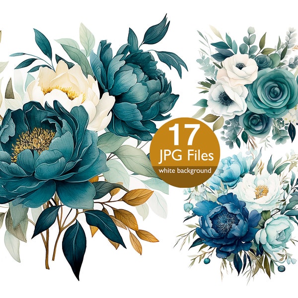 Arte de clip floral verde azulado, rosas azules JPG, imágenes prediseñadas de acuarela de flores verdes, invitación de boda floral, planificador, diario de chatarra de pegatinas