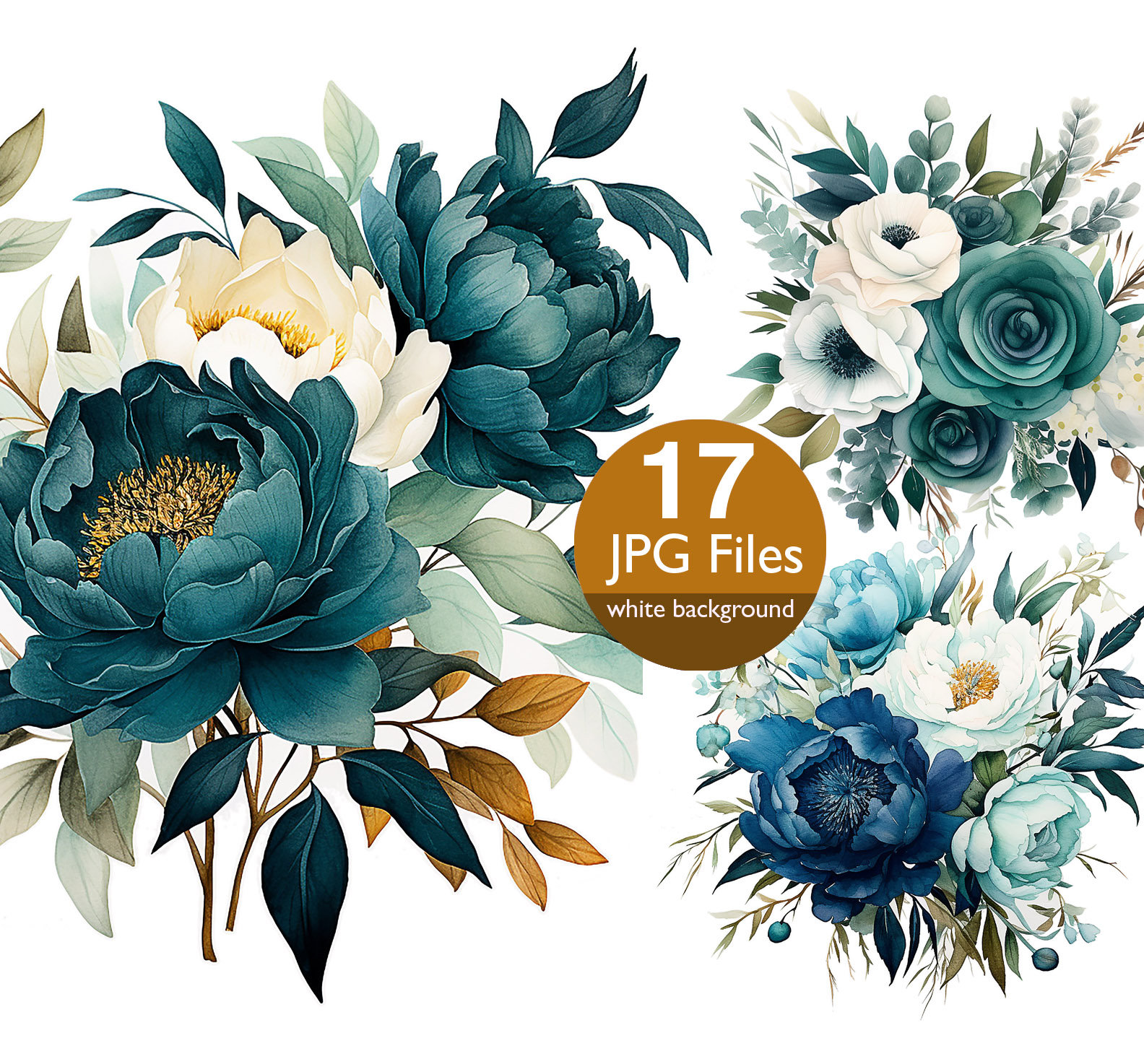 Teal Floral Clip Art JPG Blue Roses Green Flower Watercolor Etsy