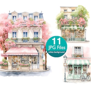 Cute Paris cafe clip art, JPG watercolor, Coffee shop clipart, French bakery, Commercial use, Junk journal