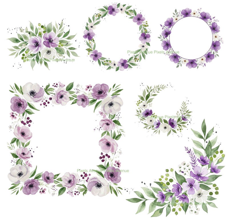 Purple Floral Frame Clip Art: Watercolor Flower Wreath PNG (digital ...