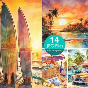 Retro Beach Scenes clip art, JPG planner, Digital art, sticker junk journal scrapbooking, Digital paper