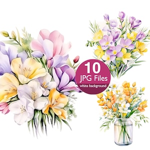 Aquarel Freesia illustraties, JPG bloemenboeket Freesia's clipart, bloemen voor bruiloft uitnodiging, planner, sticker junk journal