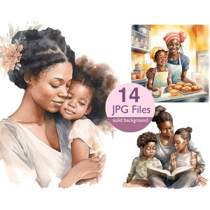 Imágenes prediseñadas de madre e hijo, JPG imágenes prediseñadas de acuarela del día de la madre afroamericana, hija, hijo, planificador, pegatina, diario basura