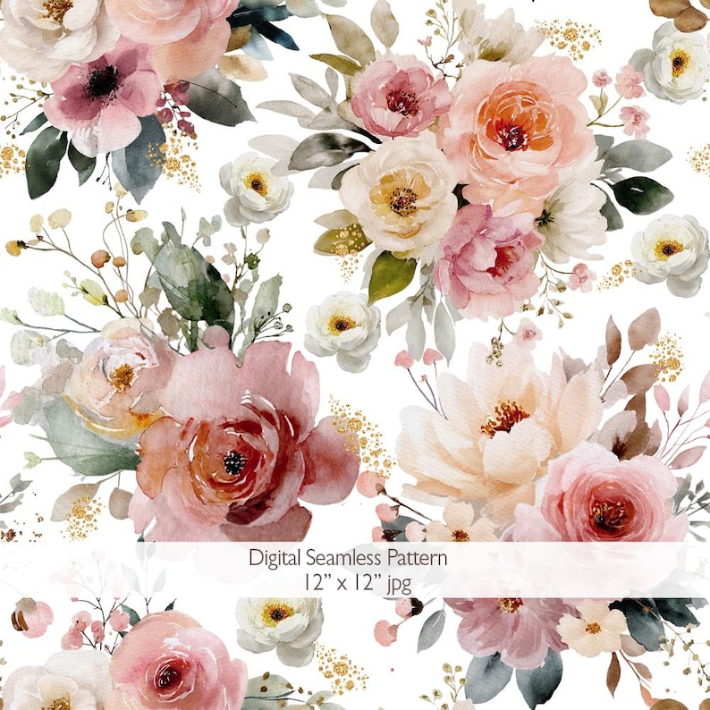 Blush Pink Watercolor Roses, Dusty Rose Floral Digital Paper, Design ...