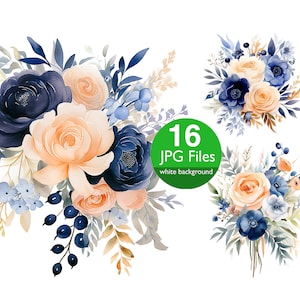 Marineblau und Pfirsich ClipArt, JPG blaue Rosen, Blumen Aquarell Clipart, florale Hochzeitseinladung, Planer, Aufkleber Junk Journal