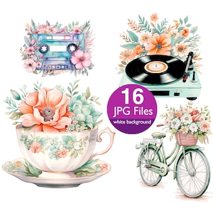 Clip art retrô, aquarela JPG, objetos vintage, clipart de máquina de escrever, uso comercial, lixo eletrônico