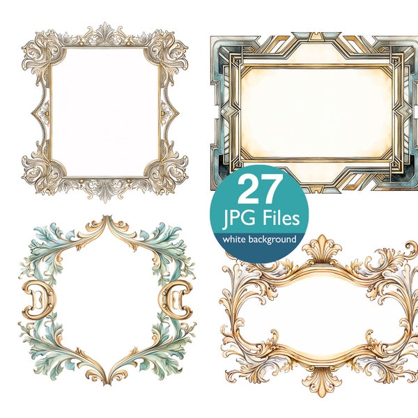 Art deco frames clip art, JPG vintage Frames and borders clipart, flowers for wedding invitation, planner, sticker junk journal