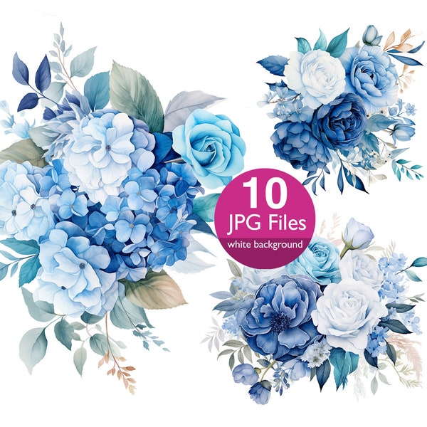 Blue flowers clip art, JPG blue Hydrangea, Roses, flowers watercolor clipart, floral, junk journal, card making