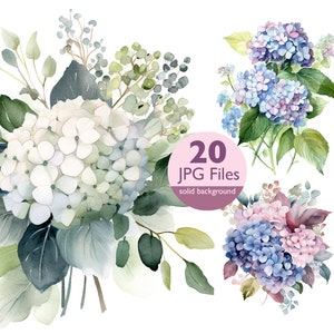 Imágenes prediseñadas de hortensias, hortensias rosas azules blancas JPG, imágenes prediseñadas de acuarela de flores, invitación de boda floral, planificador, diario basura de pegatinas
